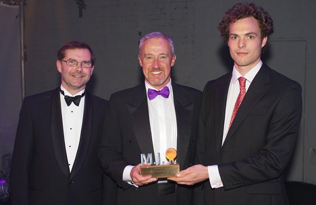 David Rollafson (centre) and Henry Dobson (right) receive safety and sustainability award from Allan Spence Director of Safety Strategy at Network Rail